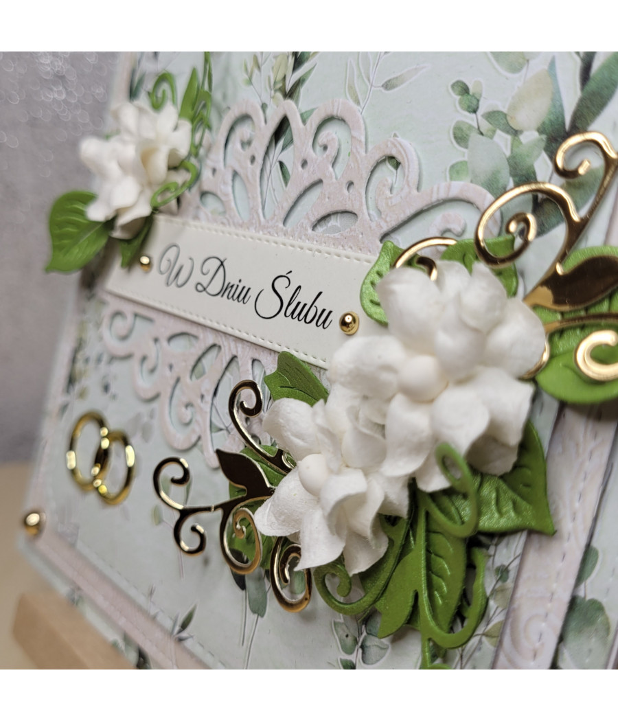 Zielono-złota kartka na Ślub, z obrączkami, handmade
