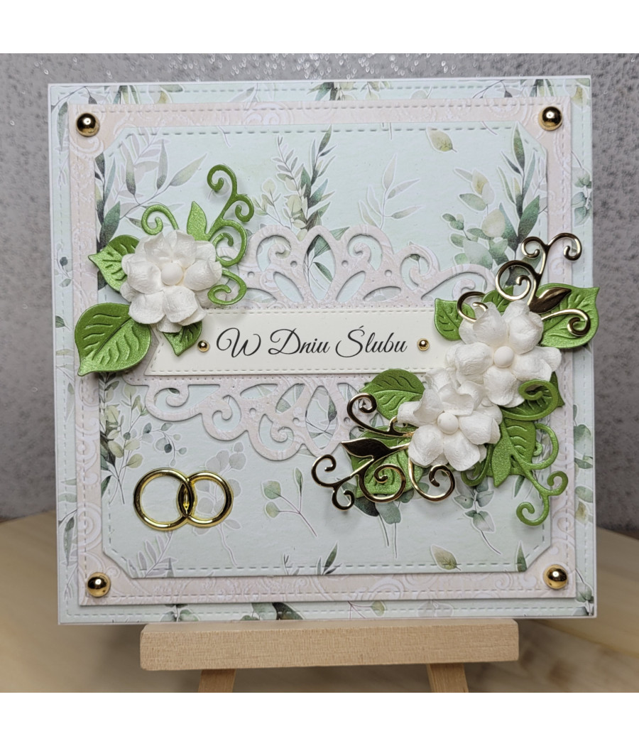 Zielono-złota kartka na Ślub, z obrączkami, handmade