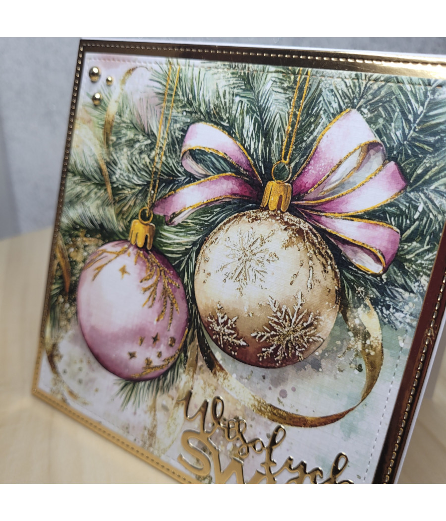 Różowo-złota kartka na Boże Narodzenie, Wesołych Świąt, bombki, handmade
