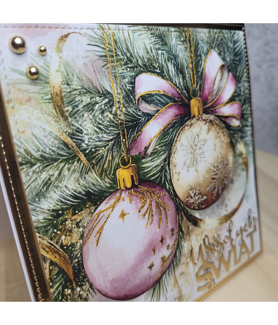Różowo-złota kartka na Boże Narodzenie, Wesołych Świąt, bombki, handmade