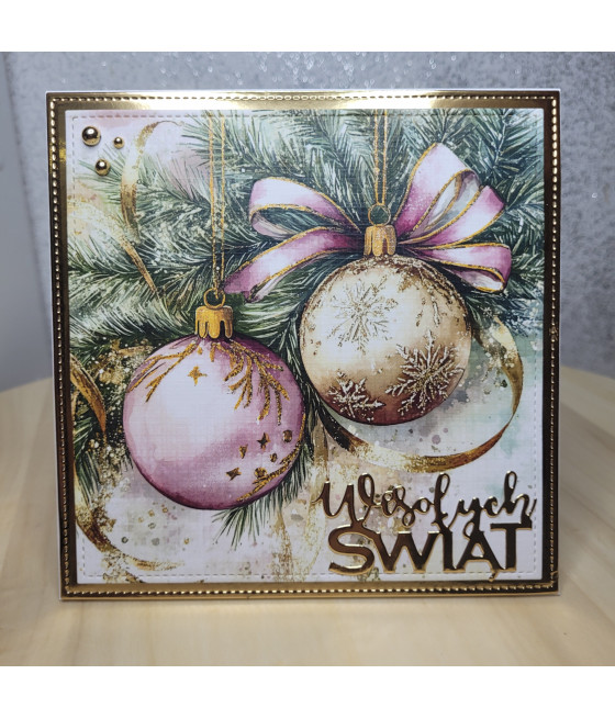 Różowo-złota kartka na Boże Narodzenie, Wesołych Świąt, bombki, handmade