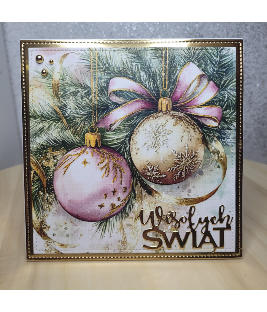 Różowo-złota kartka na Boże Narodzenie, Wesołych Świąt, bombki, handmade