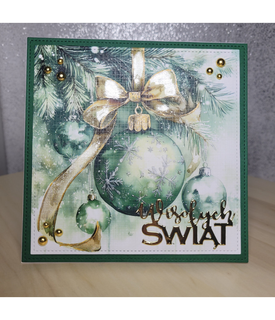 Zielona kartka na Boże Narodzenie, zielone bombki, handmade