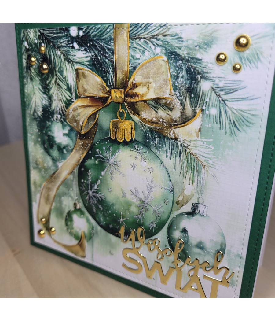 Zielona kartka na Boże Narodzenie, zielone bombki, handmade