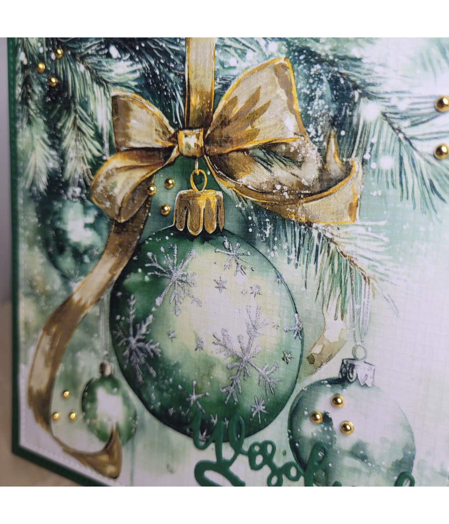 Zielona kartka na Boże Narodzenie, zielone bombki, handmade