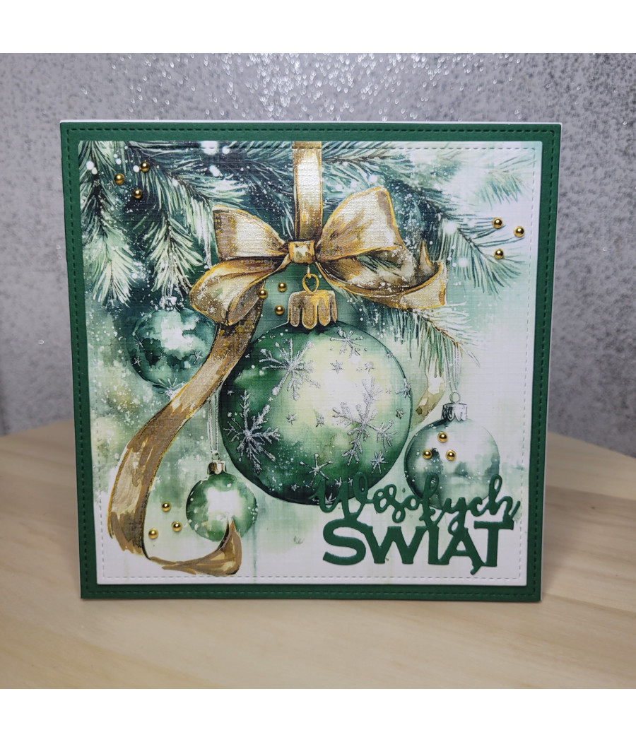 Zielona kartka na Boże Narodzenie, zielone bombki, handmade