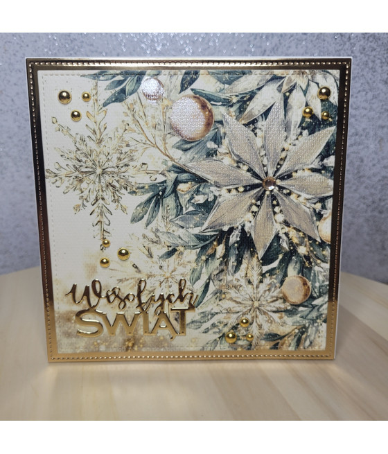 Kremowozłota kartka na Boże Narodzenie, śnieżynki, handmade