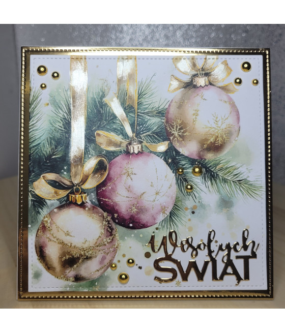 Złotoróżowa kartka z bombkami na Boże Narodzenie, handmade
