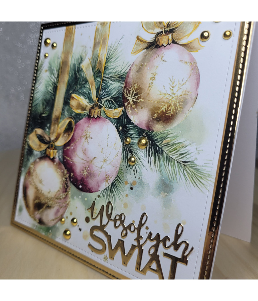 Złotoróżowa kartka z bombkami na Boże Narodzenie, handmade