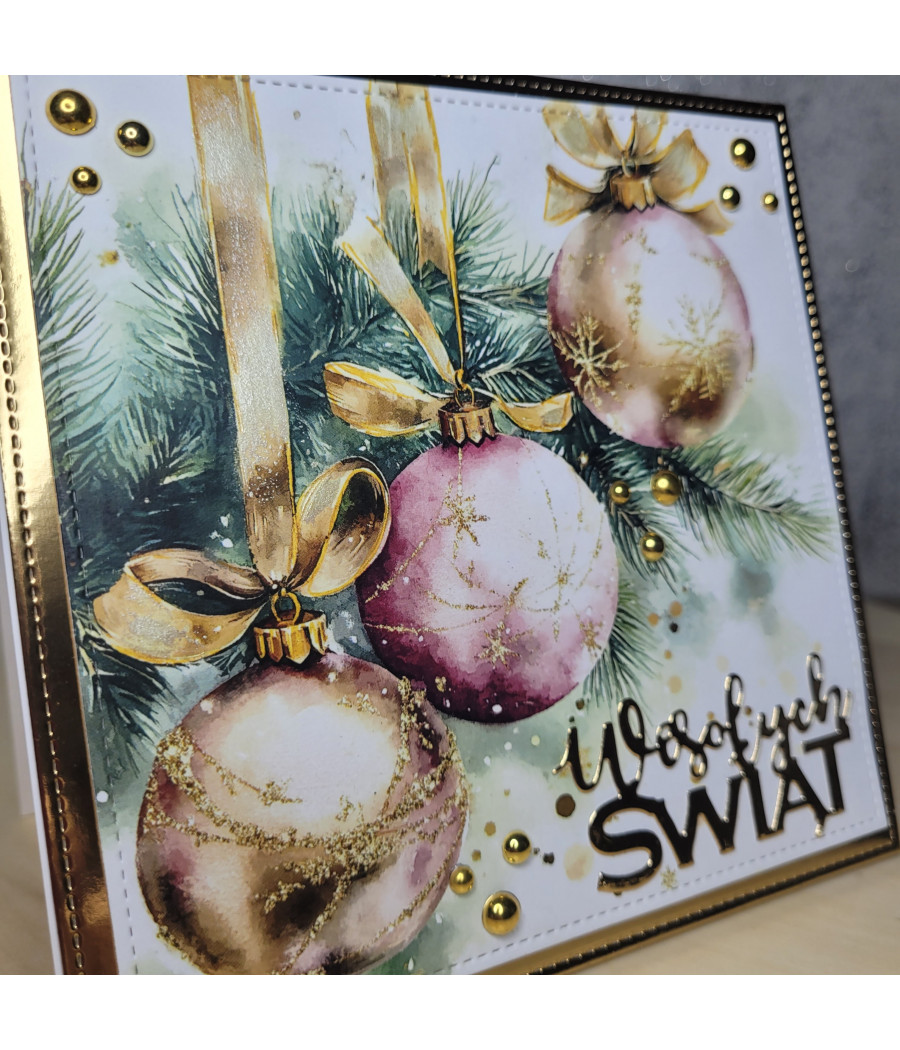 Złotoróżowa kartka z bombkami na Boże Narodzenie, handmade