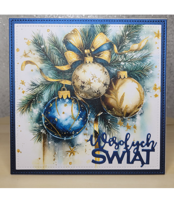 Granatowozłota kartka z bombkami, na Boże Narodzenie, handmade