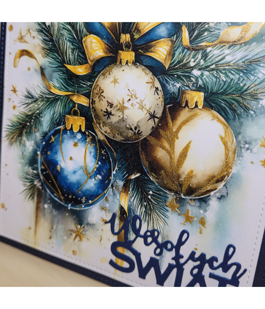 Granatowozłota kartka z bombkami, na Boże Narodzenie, handmade