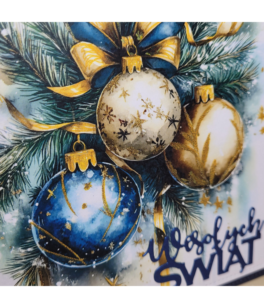 Granatowozłota kartka z bombkami, na Boże Narodzenie, handmade