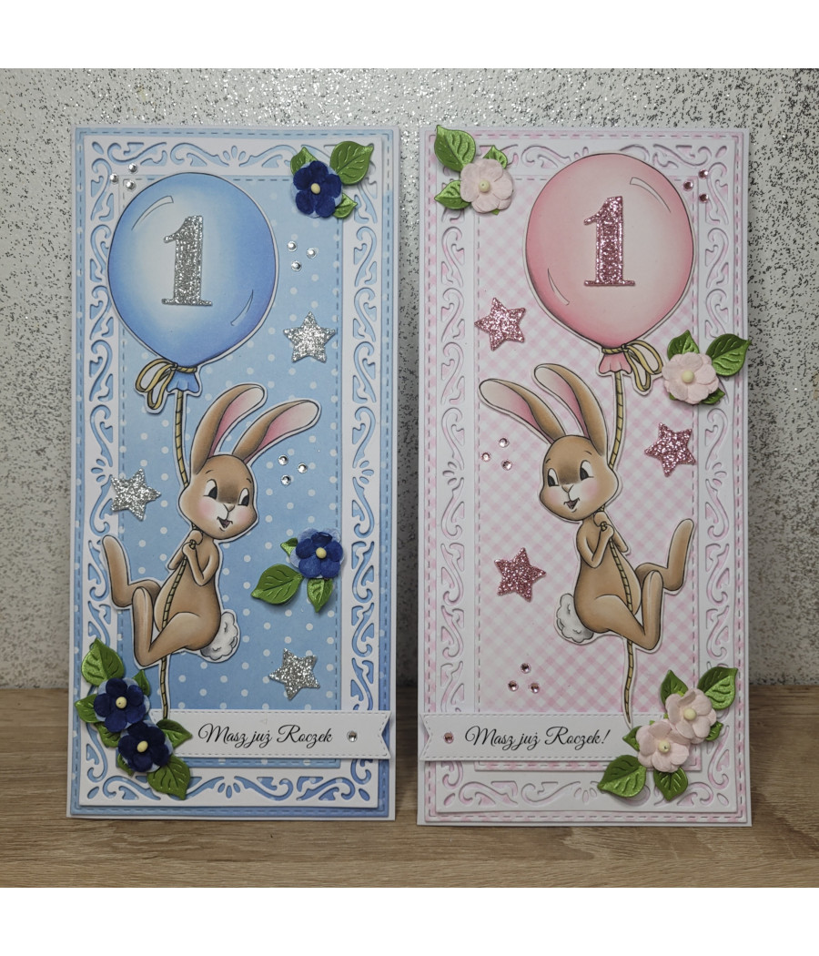 Różowa kartka DL na roczek, z zajączkiem, balonik, handmade