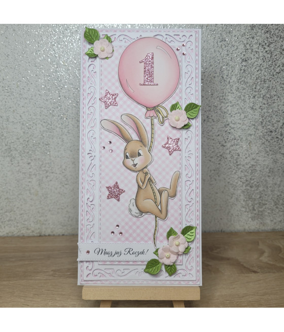 Różowa kartka DL na roczek, z zajączkiem, balonik, handmade