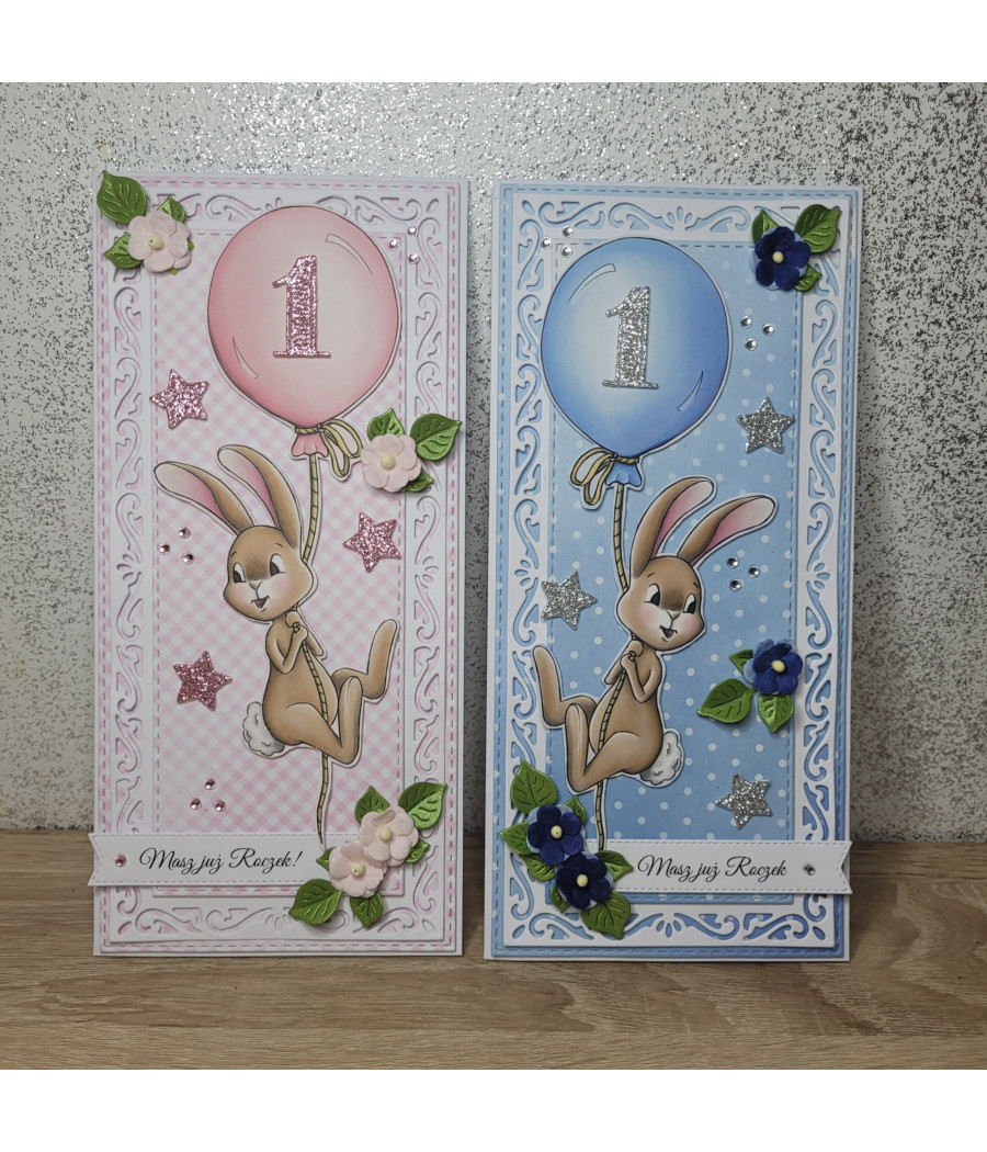 Różowa kartka DL na roczek, z zajączkiem, balonik, handmade