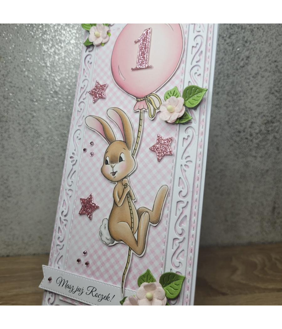 Różowa kartka DL na roczek, z zajączkiem, balonik, handmade