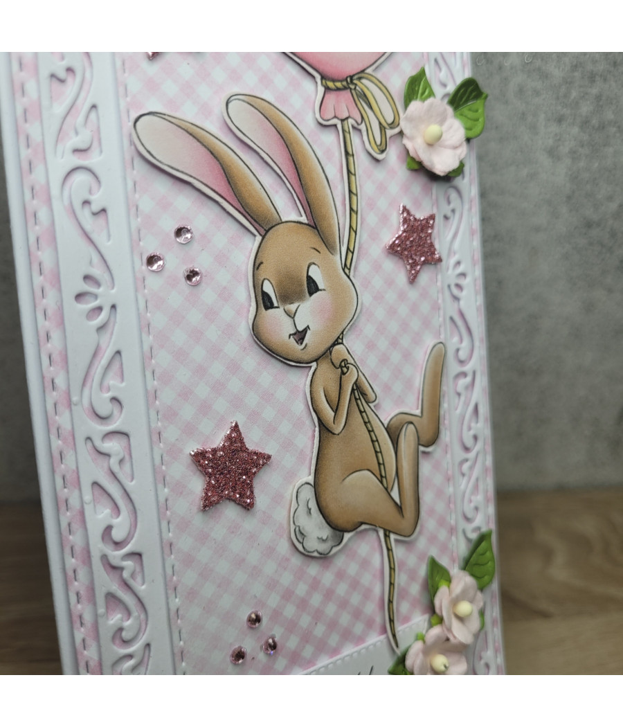 Różowa kartka DL na roczek, z zajączkiem, balonik, handmade