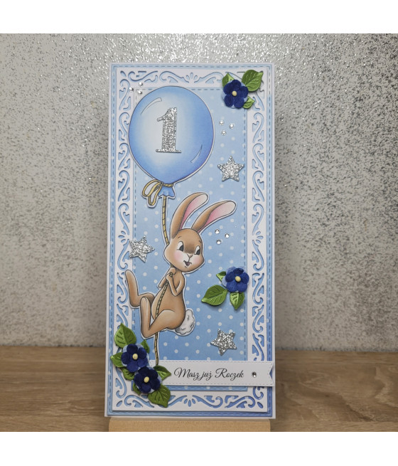 Niebieska kartka z zajączkiem, na Roczek, balonik, handmade