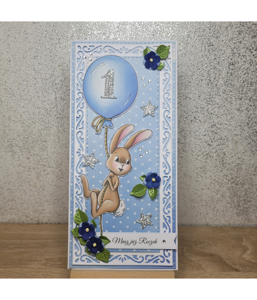 Niebieska kartka z zajączkiem, na Roczek, balonik, handmade