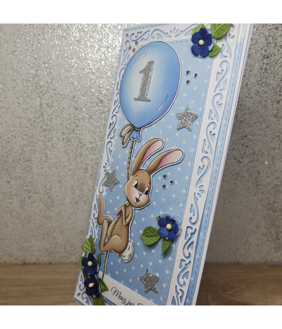 Niebieska kartka z zajączkiem, na Roczek, balonik, handmade