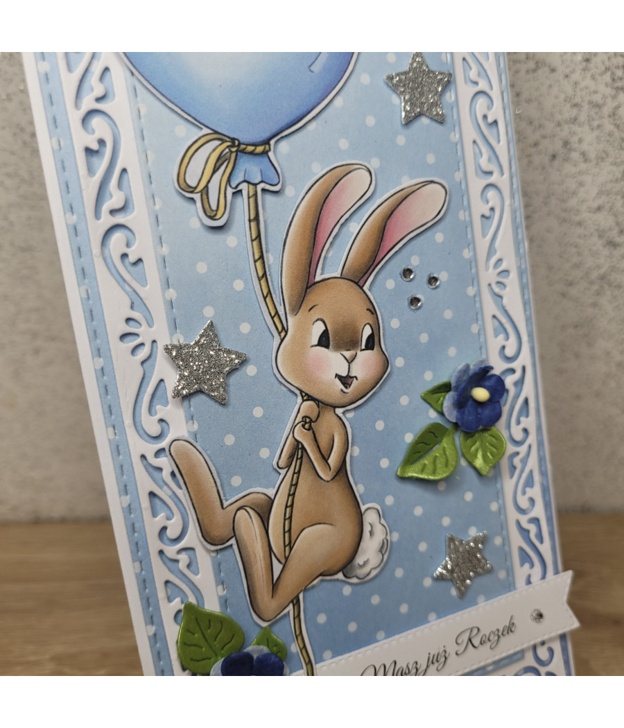 Niebieska kartka z zajączkiem, na Roczek, balonik, handmade