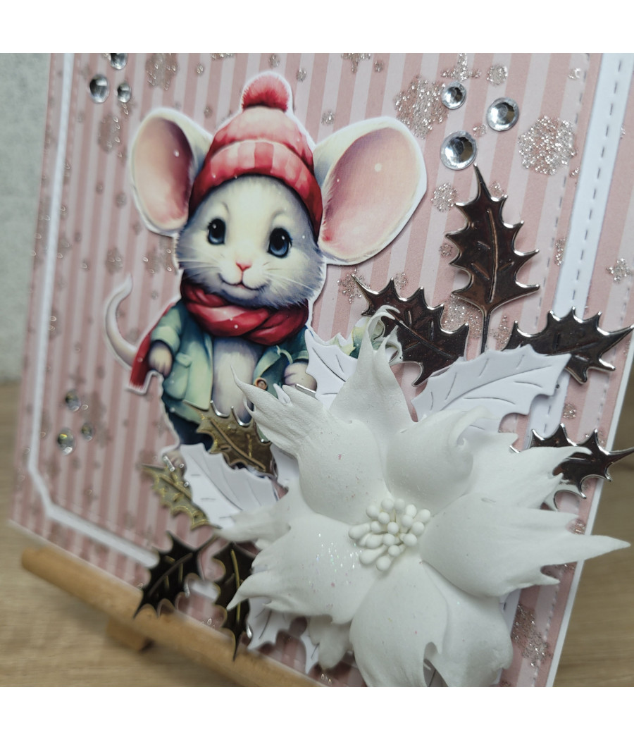 Różowa kartka na Boże Narodzenie, z myszką, handmade