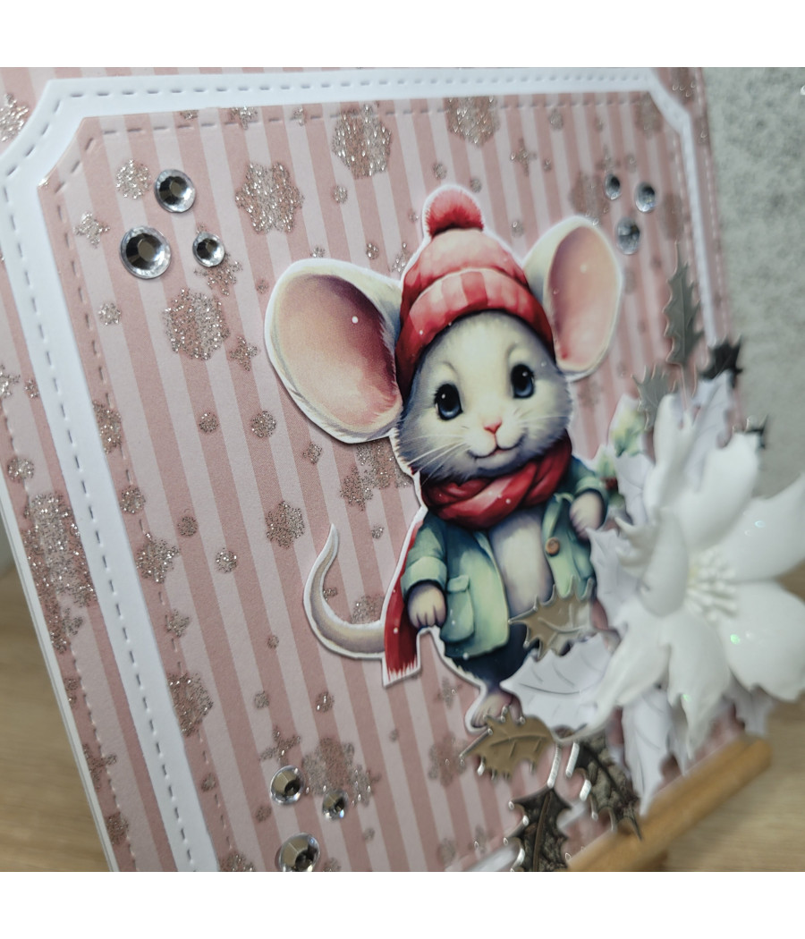 Różowa kartka na Boże Narodzenie, z myszką, handmade