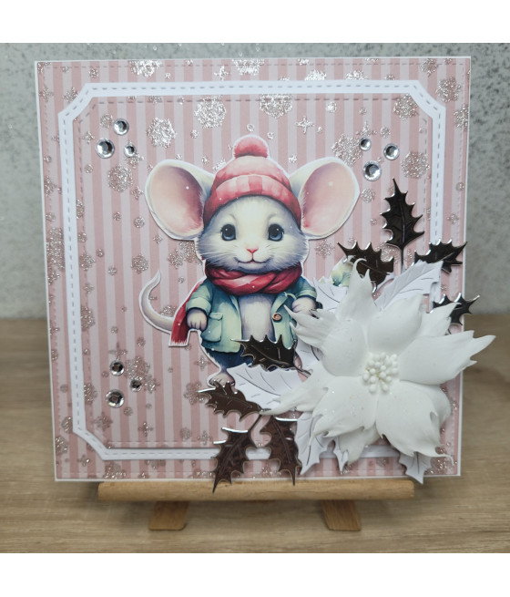 Różowa kartka na Boże Narodzenie, z myszką, handmade