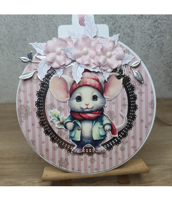 Kartka - bombka z myszką, różowa, Boże Narodzenie, handmade