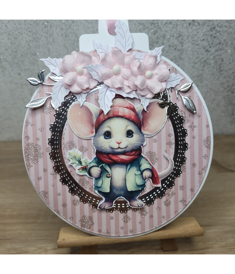 Kartka - bombka z myszką, różowa, Boże Narodzenie, handmade