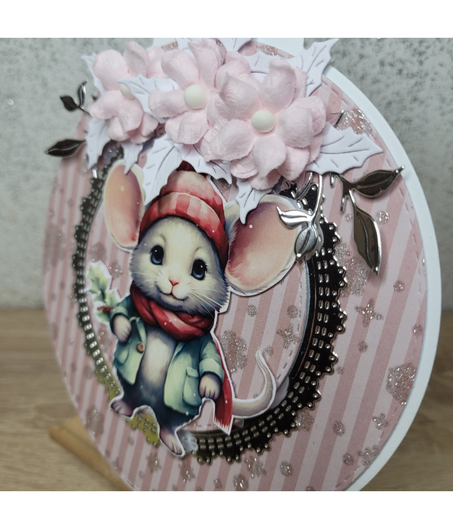 Kartka - bombka z myszką, różowa, Boże Narodzenie, handmade