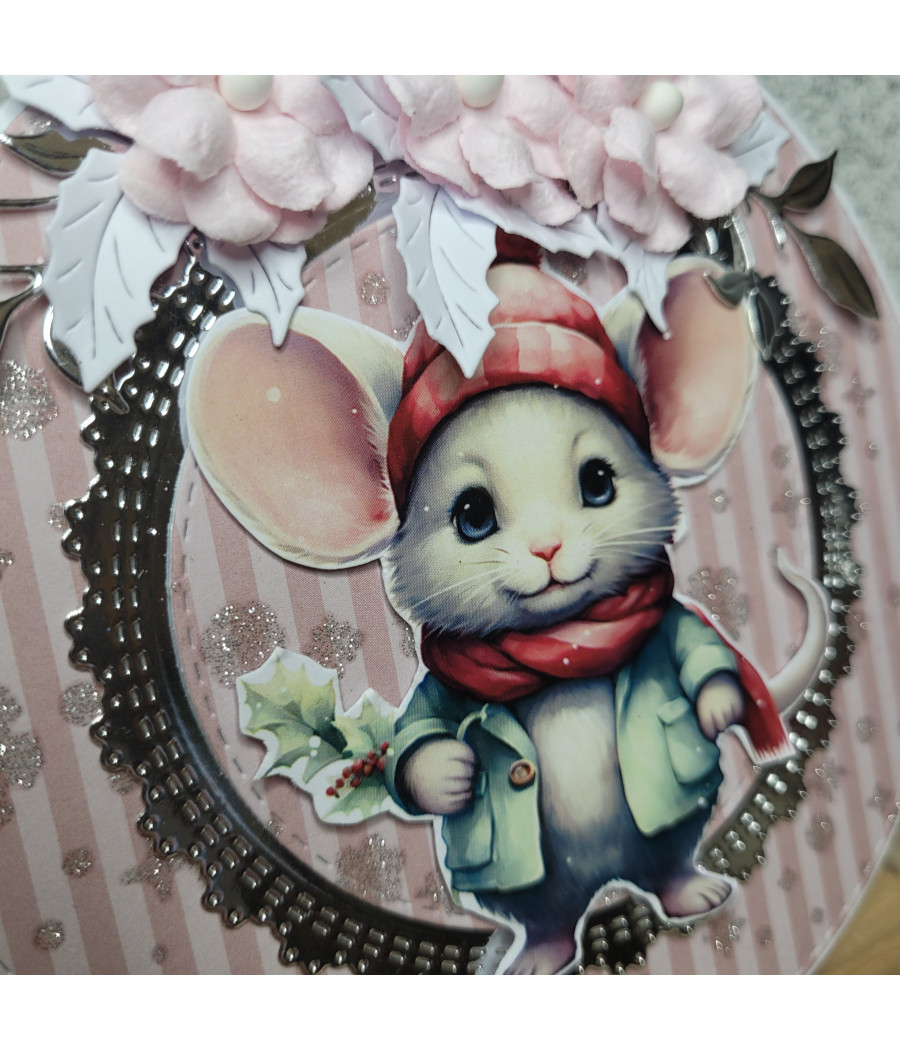 Kartka - bombka z myszką, różowa, Boże Narodzenie, handmade