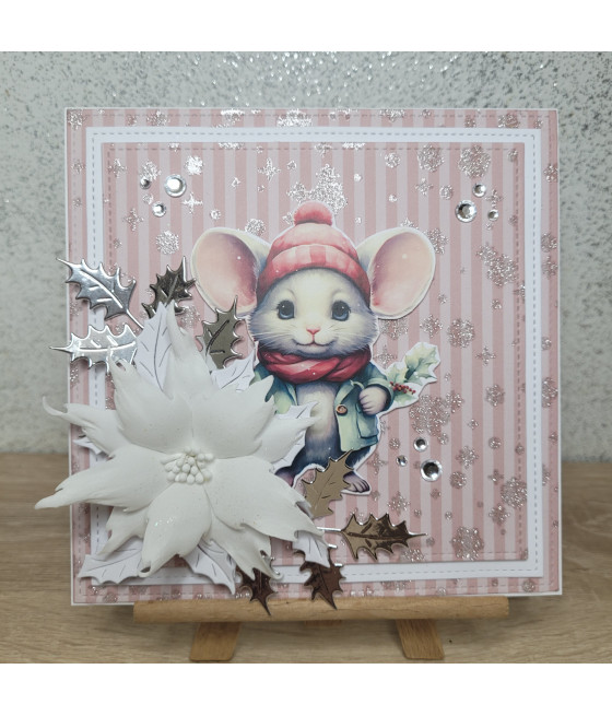 Różowo-biała kartka na Boże Narodzenie, Myszka, handmade