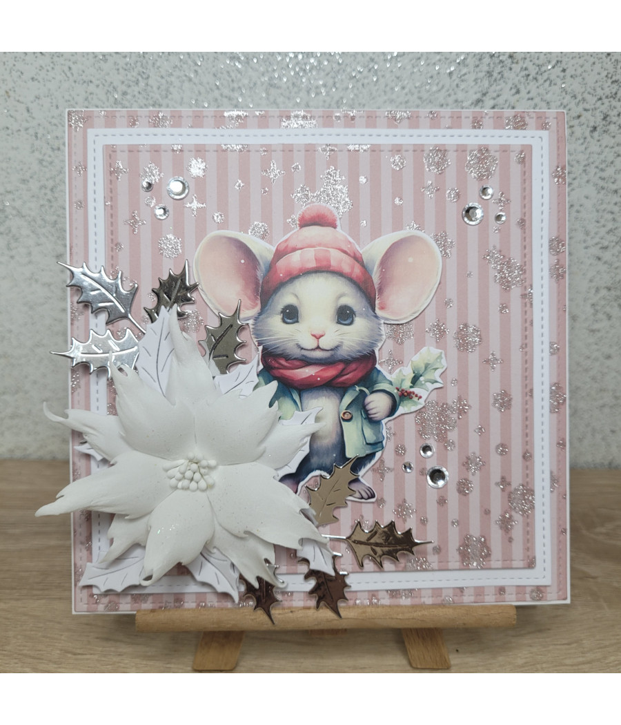 Różowo-biała kartka na Boże Narodzenie, Myszka, handmade