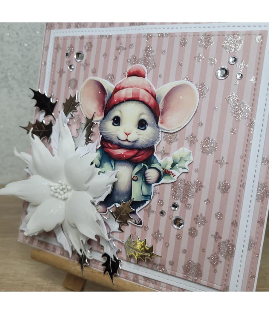 Różowo-biała kartka na Boże Narodzenie, Myszka, handmade