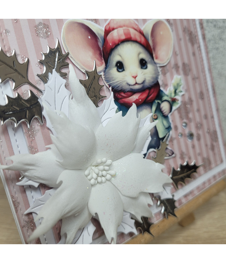 Różowo-biała kartka na Boże Narodzenie, Myszka, handmade