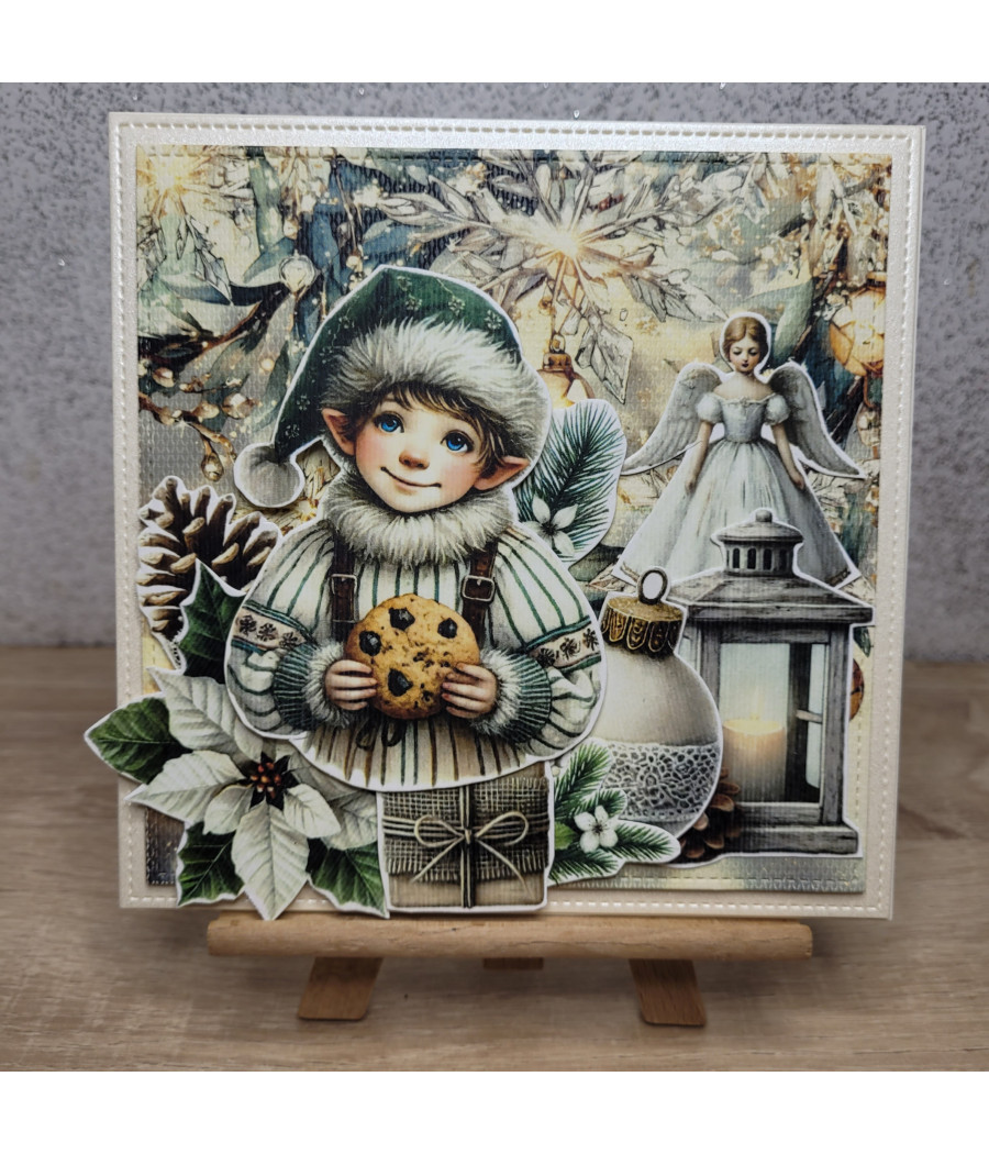 Kremowozielona kartka na Boze Narodzenie, elf z ciasteczkiem, handmade