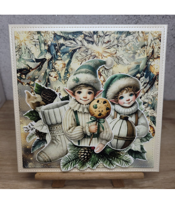 Kremowa kartka z elfami, na Boże Narodzenie, handmade