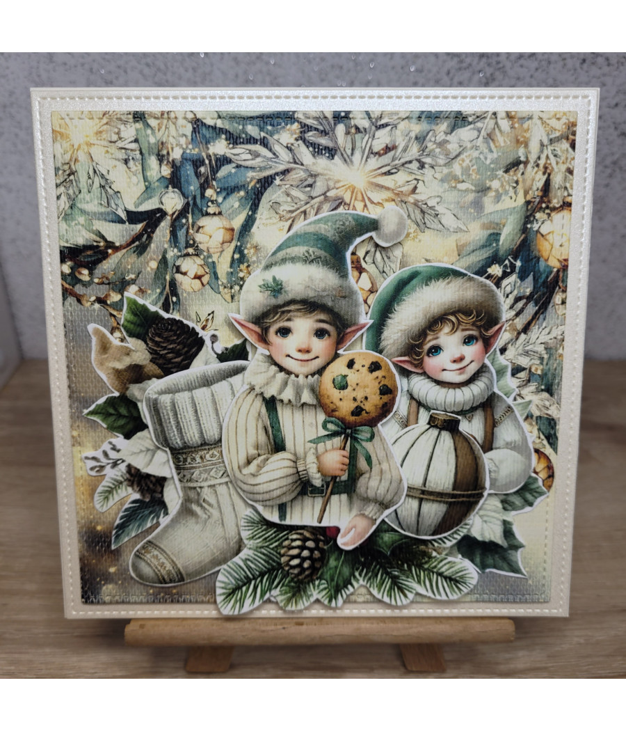 Kremowa kartka z elfami, na Boże Narodzenie, handmade