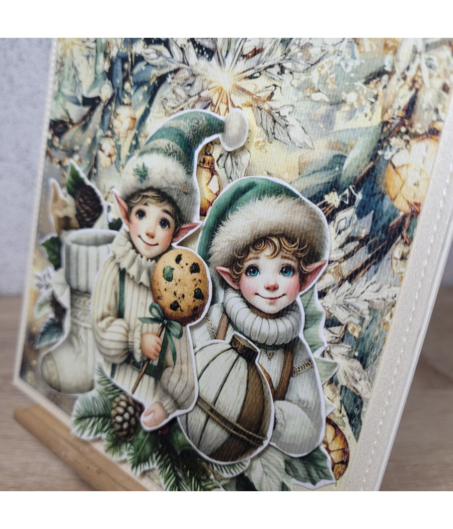 Kremowa kartka z elfami, na Boże Narodzenie, handmade