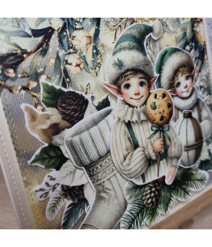 Kremowa kartka z elfami, na Boże Narodzenie, handmade