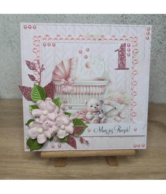 Rózowa kartka na Roczek, wózek, miś, handmade