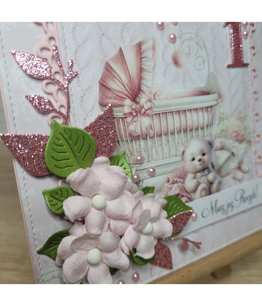 Rózowa kartka na Roczek, wózek, miś, handmade