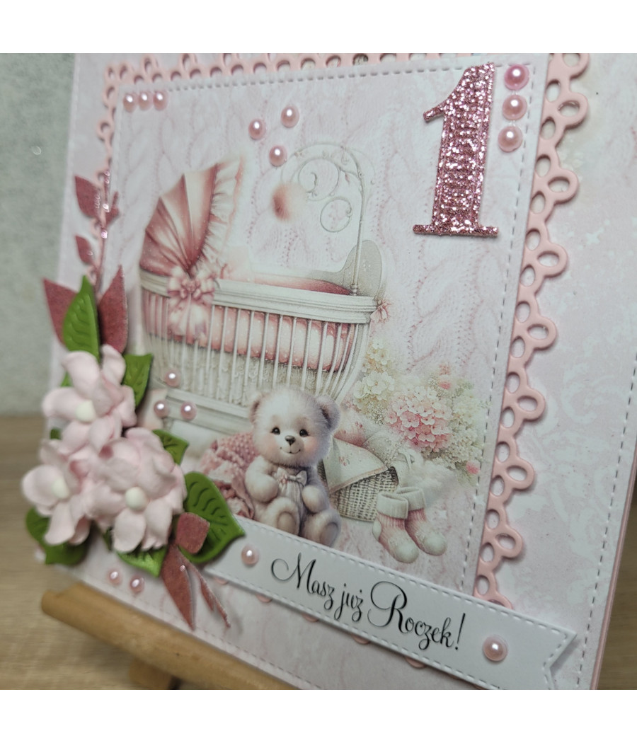 Rózowa kartka na Roczek, wózek, miś, handmade