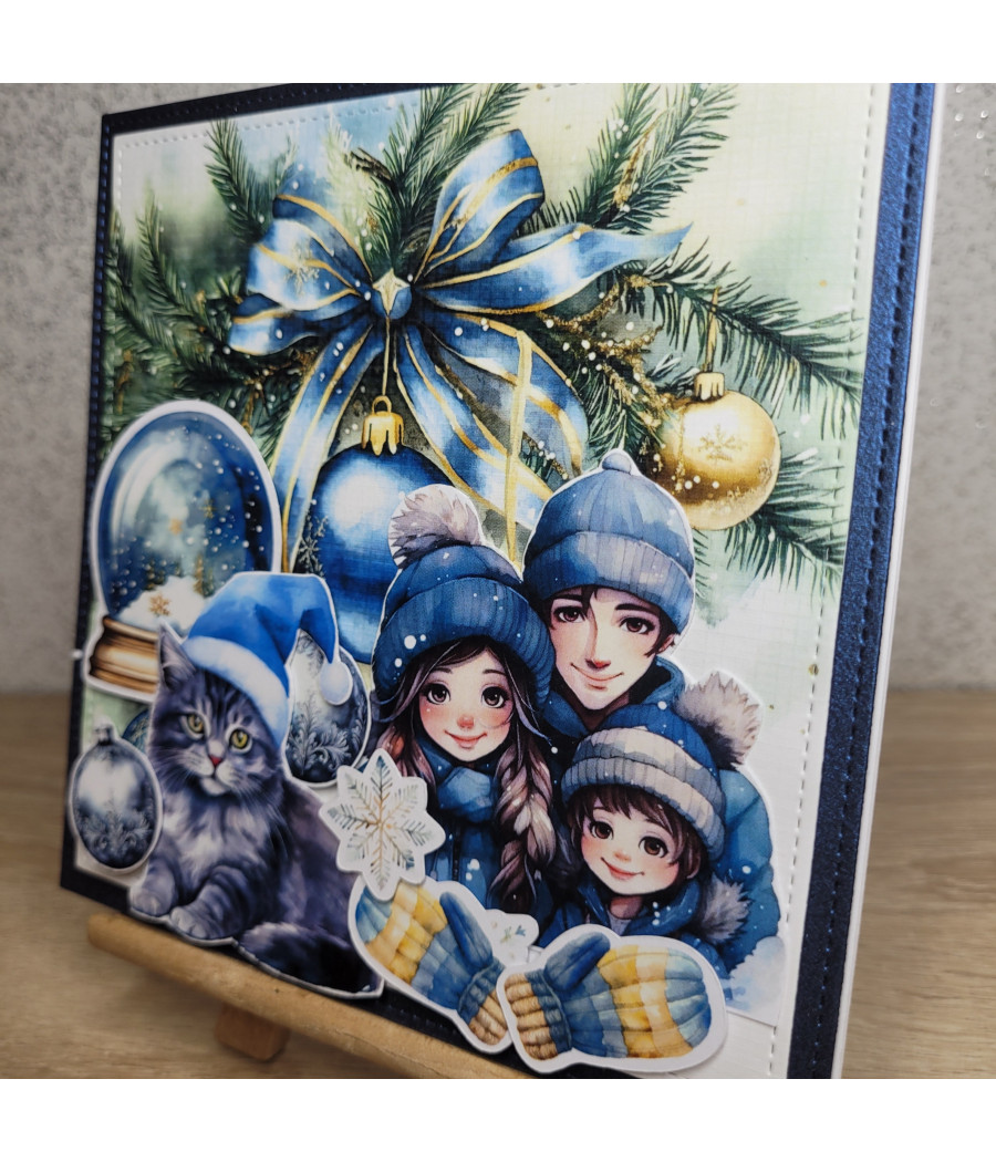 Niebieska kartka na Boże Narodzenie, rodzinka z kotem, handmade