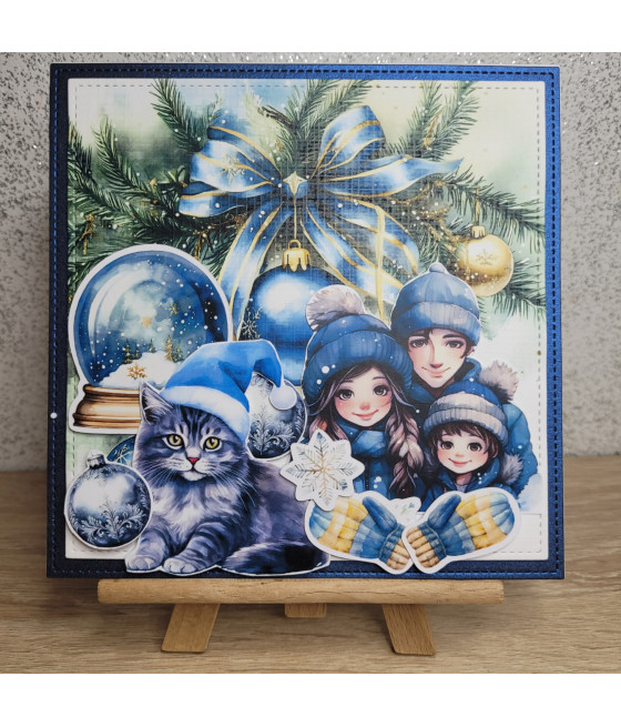 Niebieska kartka na Boże Narodzenie, rodzinka z kotem, handmade