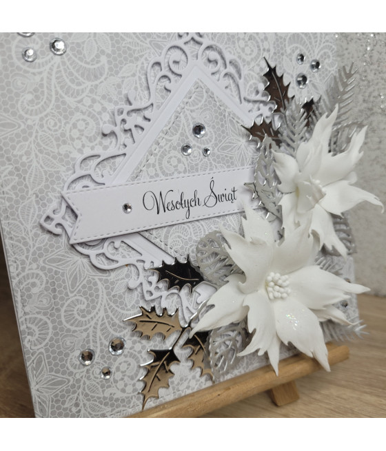 Zimowa kartka na Boże Narodzenie, poinsecje, cyrkonie, handmade