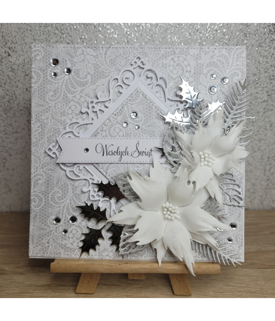 Zimowa kartka na Boże Narodzenie, poinsecje, cyrkonie, handmade