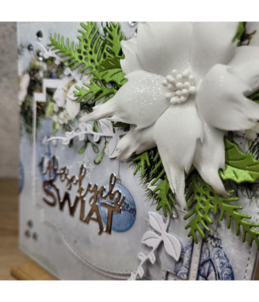 Niebieska kartka na Boże Narodzenie, Wesołych Świat, poinsecja, handmade